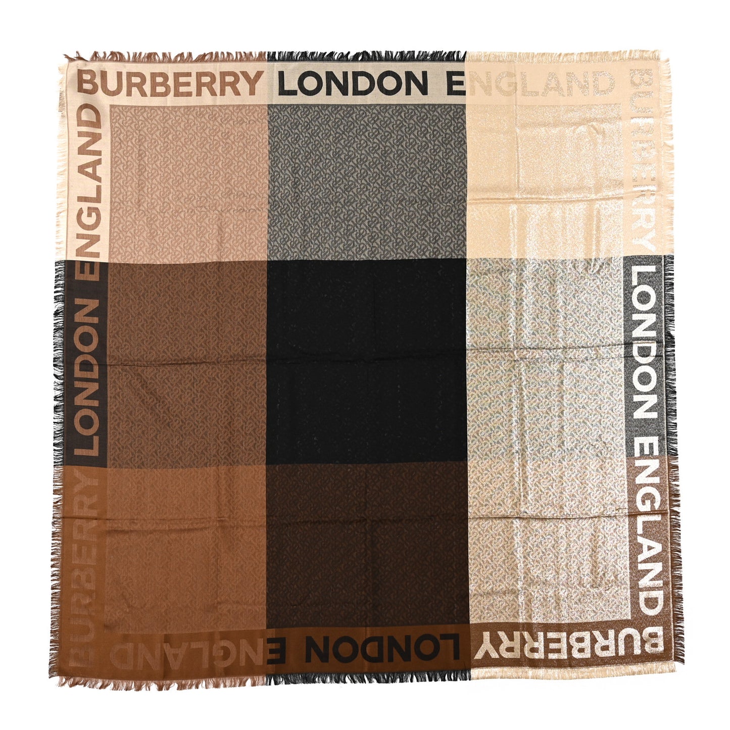 Metallic Silk Wool TB Monogram Colorblock Square Scarf Chestnut