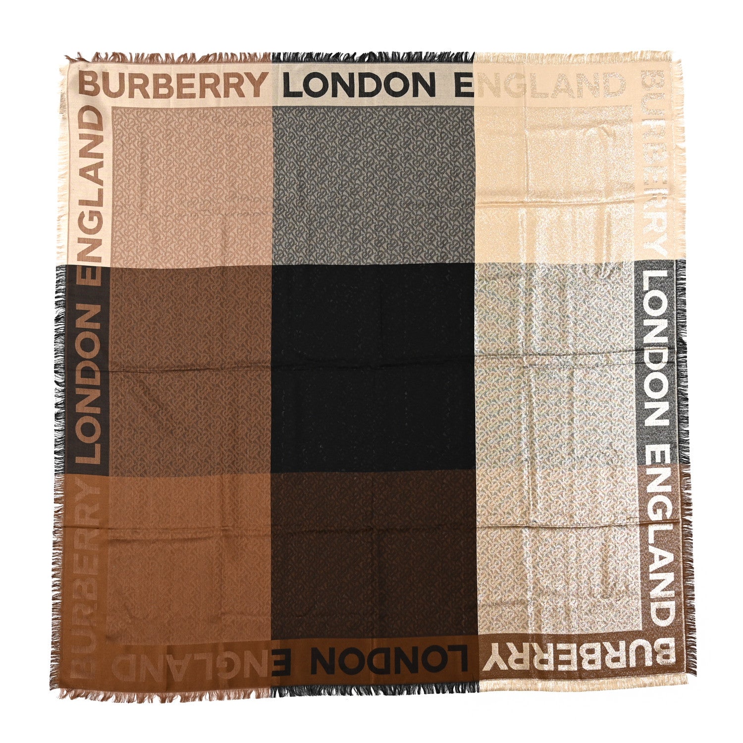 Burberry Metallic Silk Wool TB Monogram Colorblock Square Scarf Chestnut 1 of 5