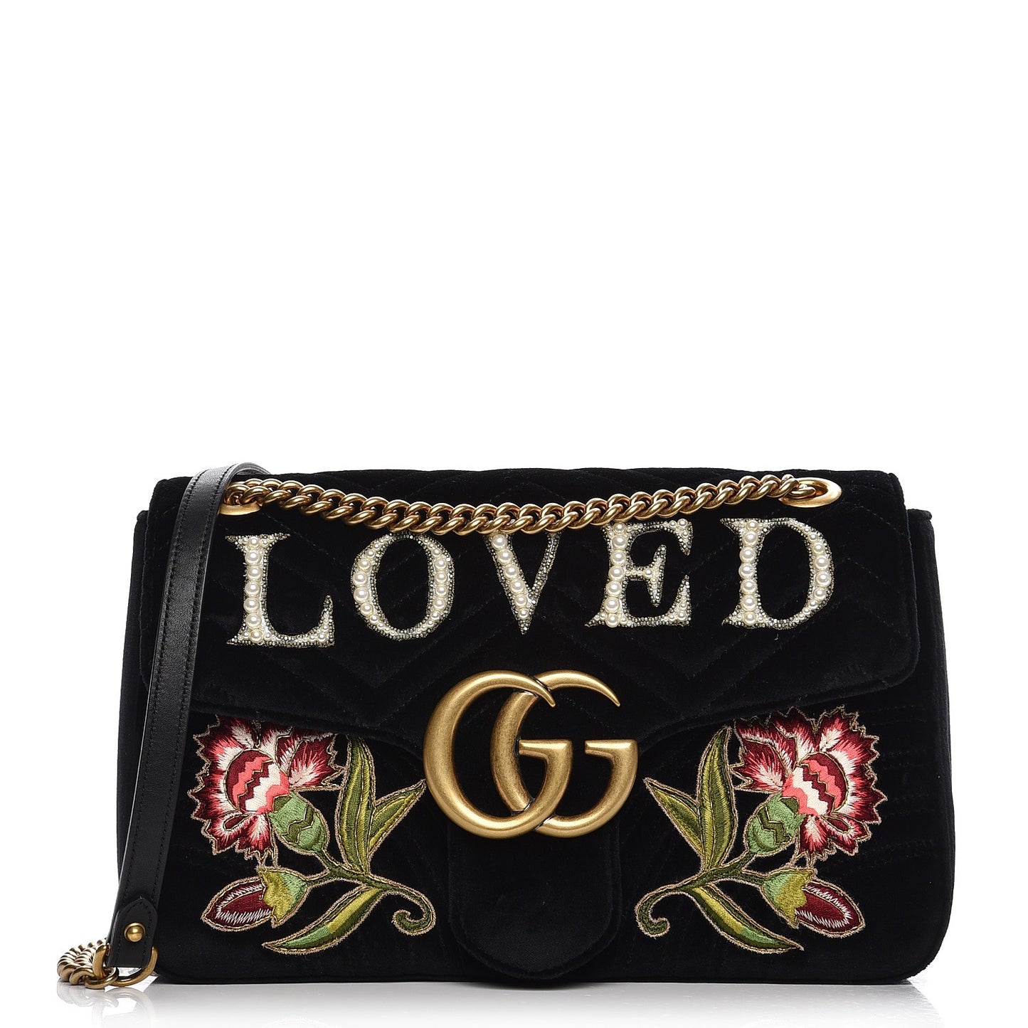 Velvet Matelasse Loved Embroidered Medium GG Marmont Shoulder Bag Black