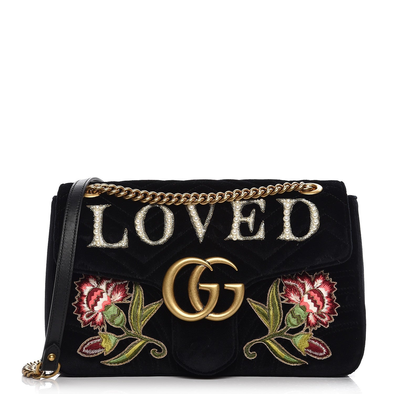 Gucci Velvet Matelasse Loved Embroidered Medium GG Marmont Shoulder Bag Black 1 of 7