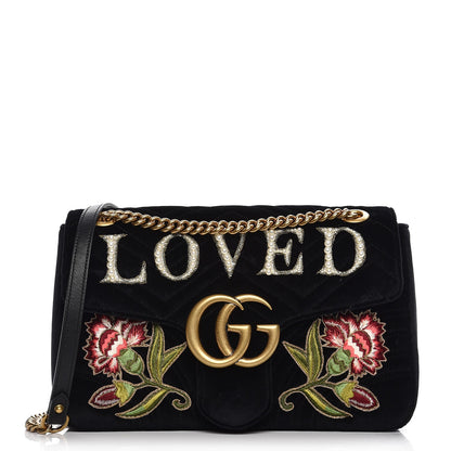 Gucci Velvet Matelasse Loved Embroidered Medium GG Marmont Shoulder Bag Black 1 of 7