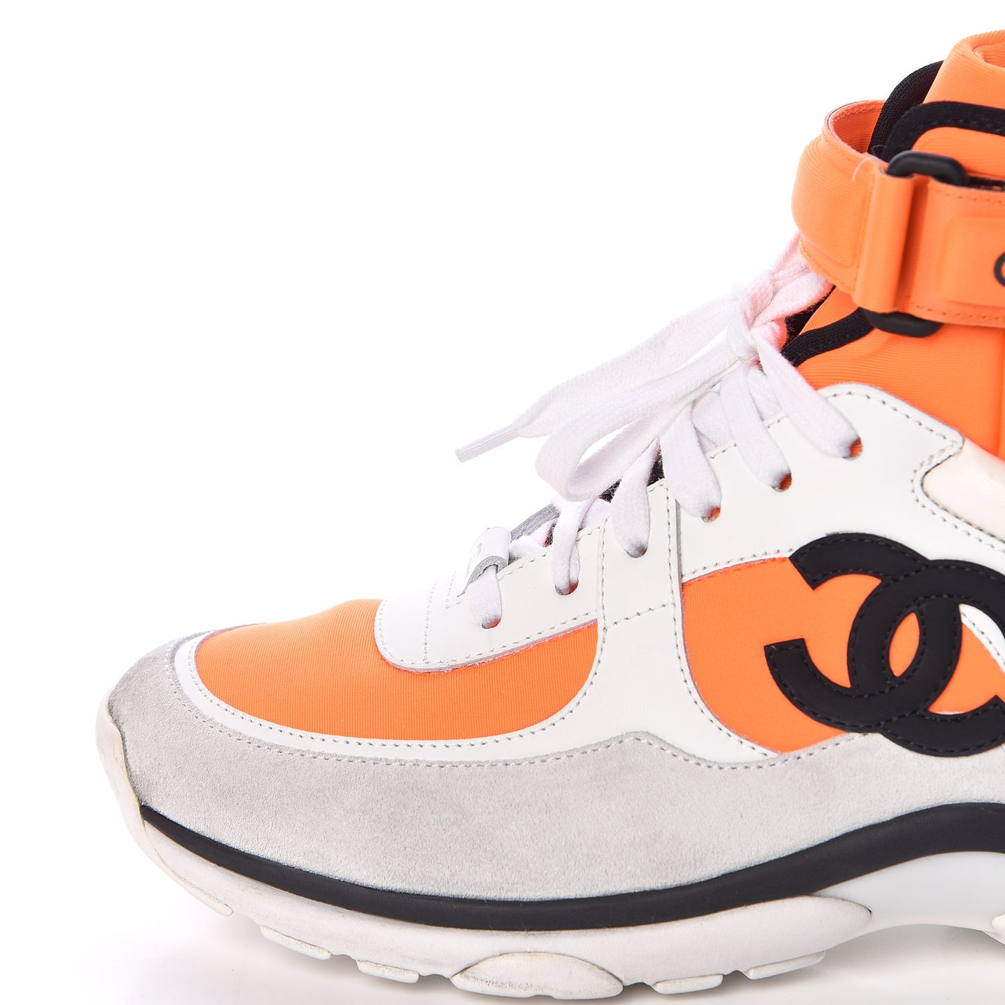 Suede Calfskin Lambskin Neoprene High Top CC Sneakers 37.5 White Fluo Orange