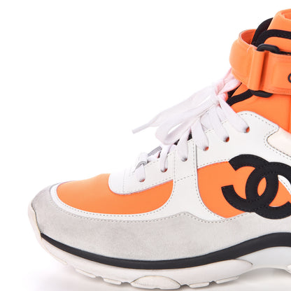 Chanel Suede Calfskin Lambskin Neoprene High Top CC Sneakers 37.5 White Fluo Orange 7 of 15