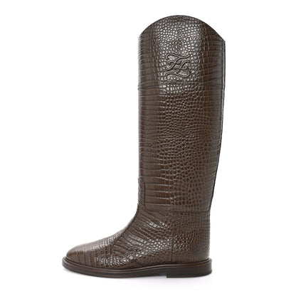 Fendi Calfskin Crocodile Embossed Karligraphy Logo Riding Boots 38 Maya 9 of 9