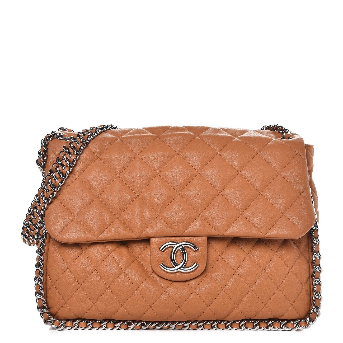 Washed Lambskin Chain Around Maxi Flap Bag Dark Beige