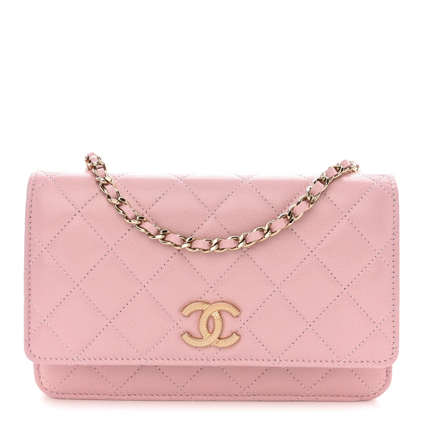 Caviar Quilted Studded CC Wallet on Chain WOC Light Pink
