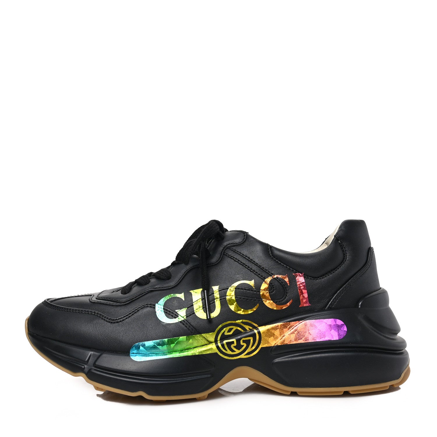Gucci Calfskin Iridescent Logo Womens Rhyton Sneakers 38 Black 1 of 8