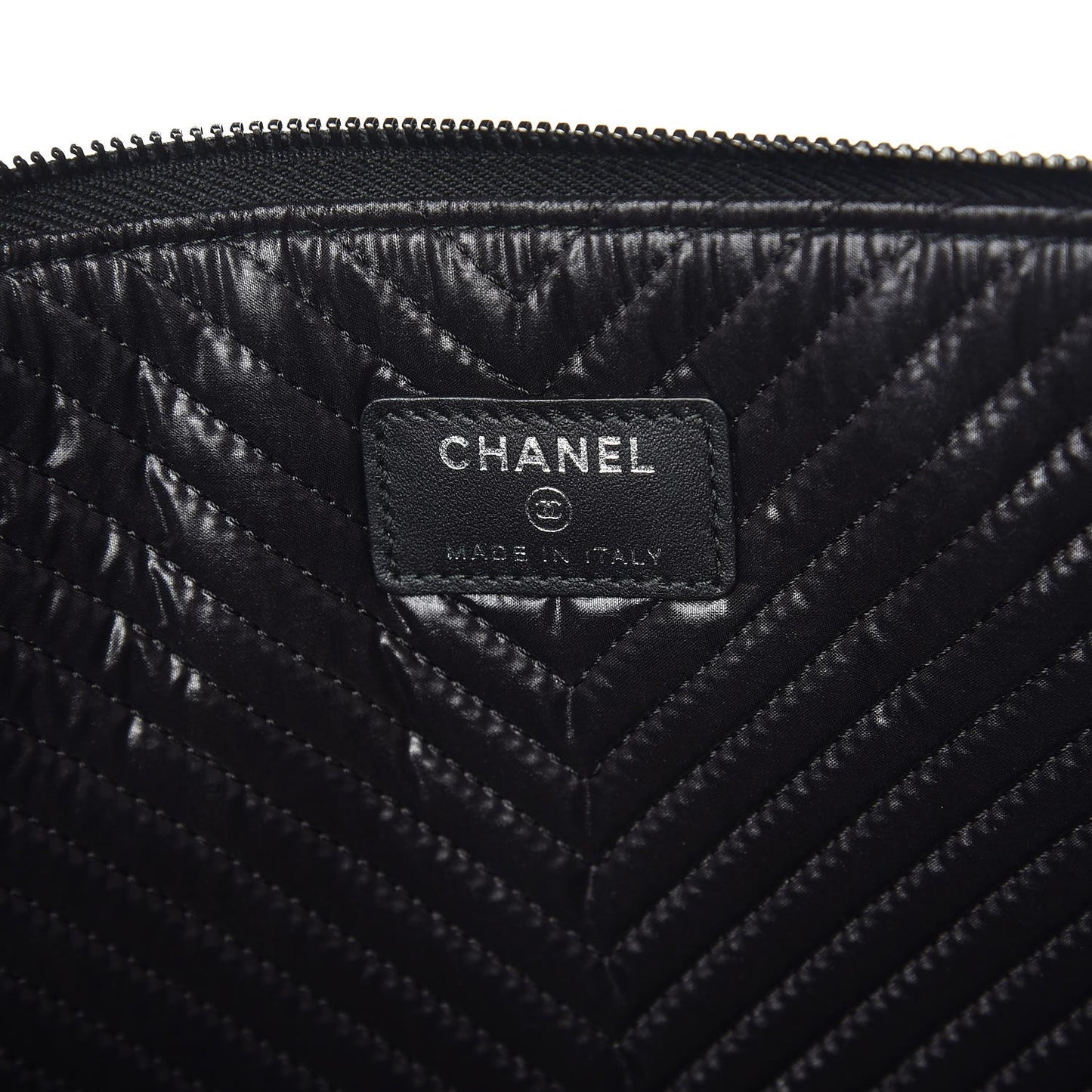 Calfskin Painted Chevron Embossed Large Boy Zip Pouch Black