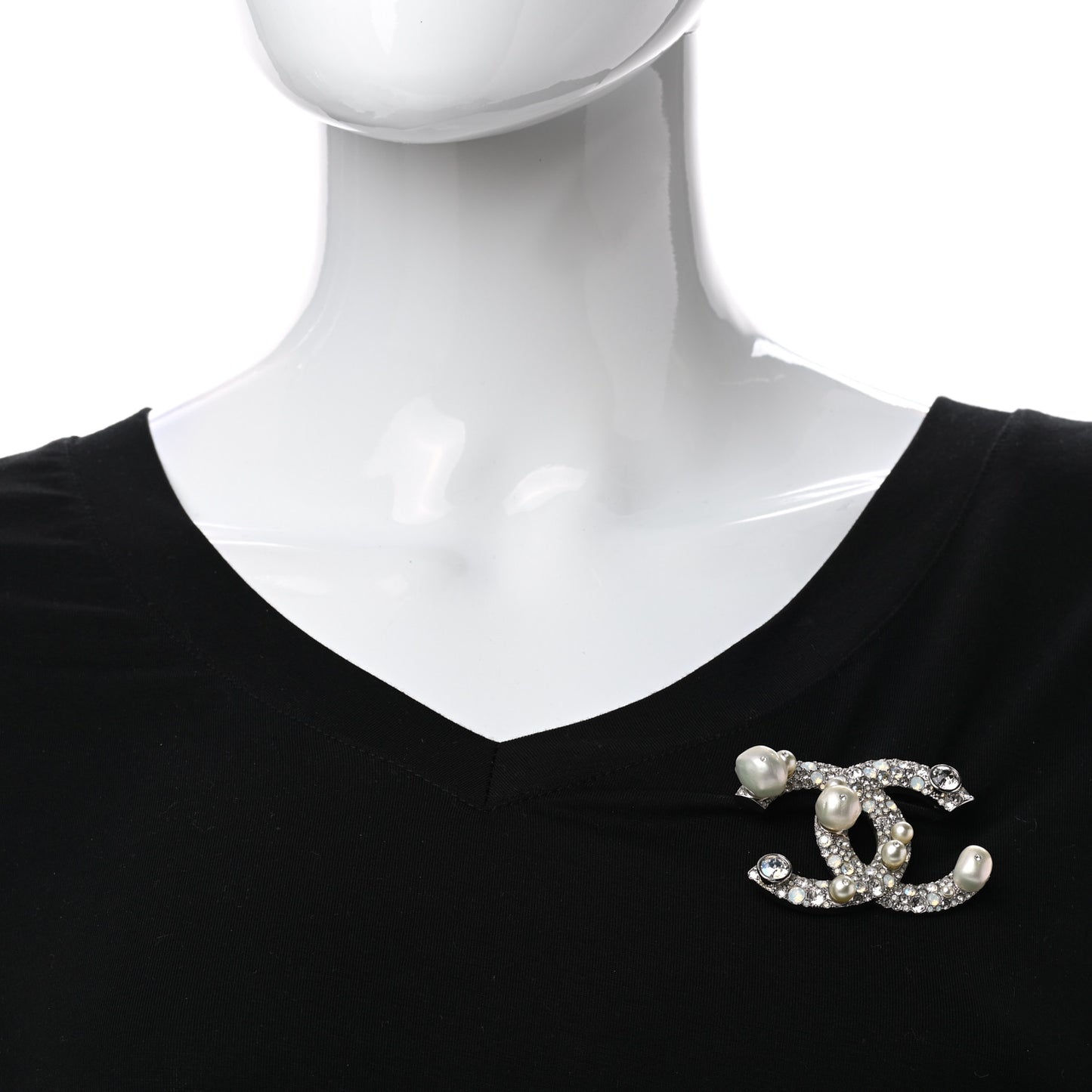 Pearl Crystal CC Mini Brooch Silver