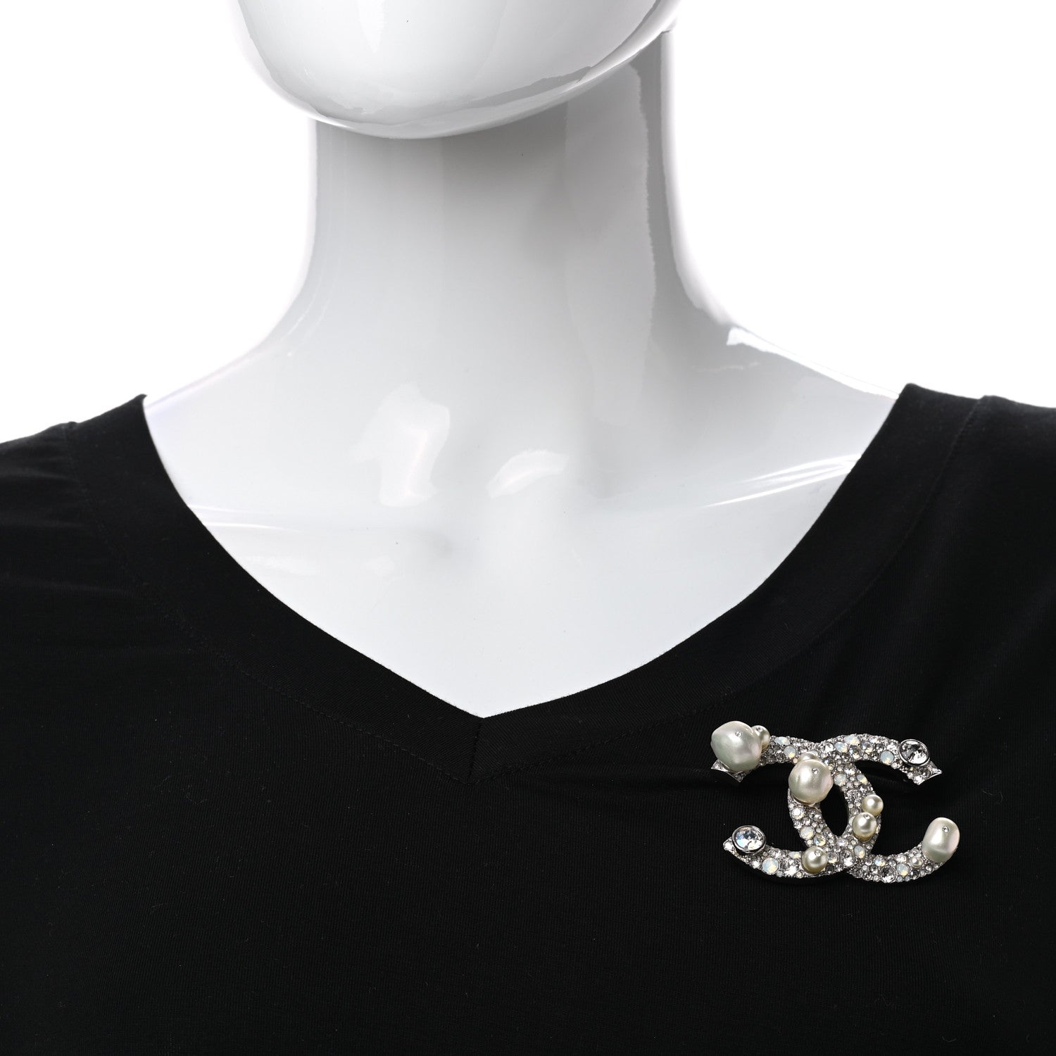 Chanel Pearl Crystal CC Mini Brooch Silver 2 of 5