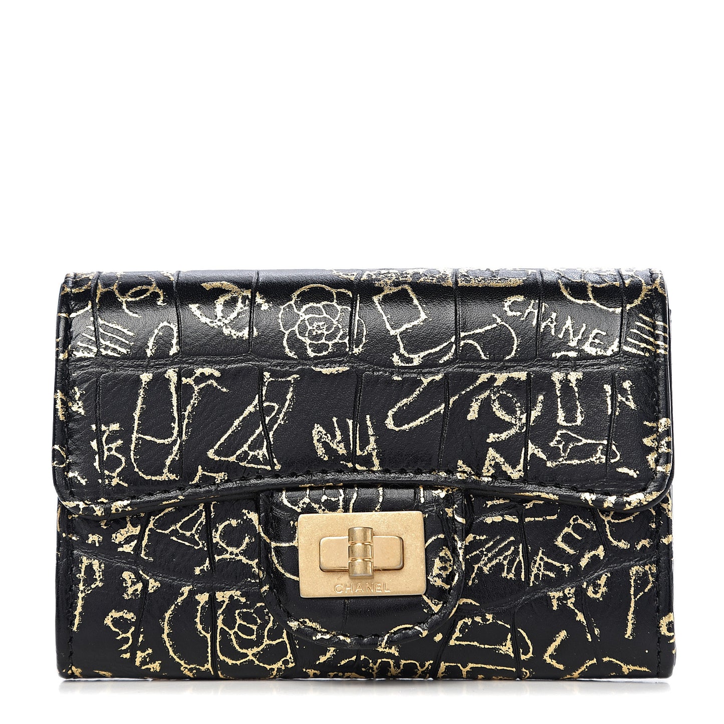 Calfskin Crocodile Embossed Graffiti Cocodile Reissue Card Holder Wallet Black Gold
