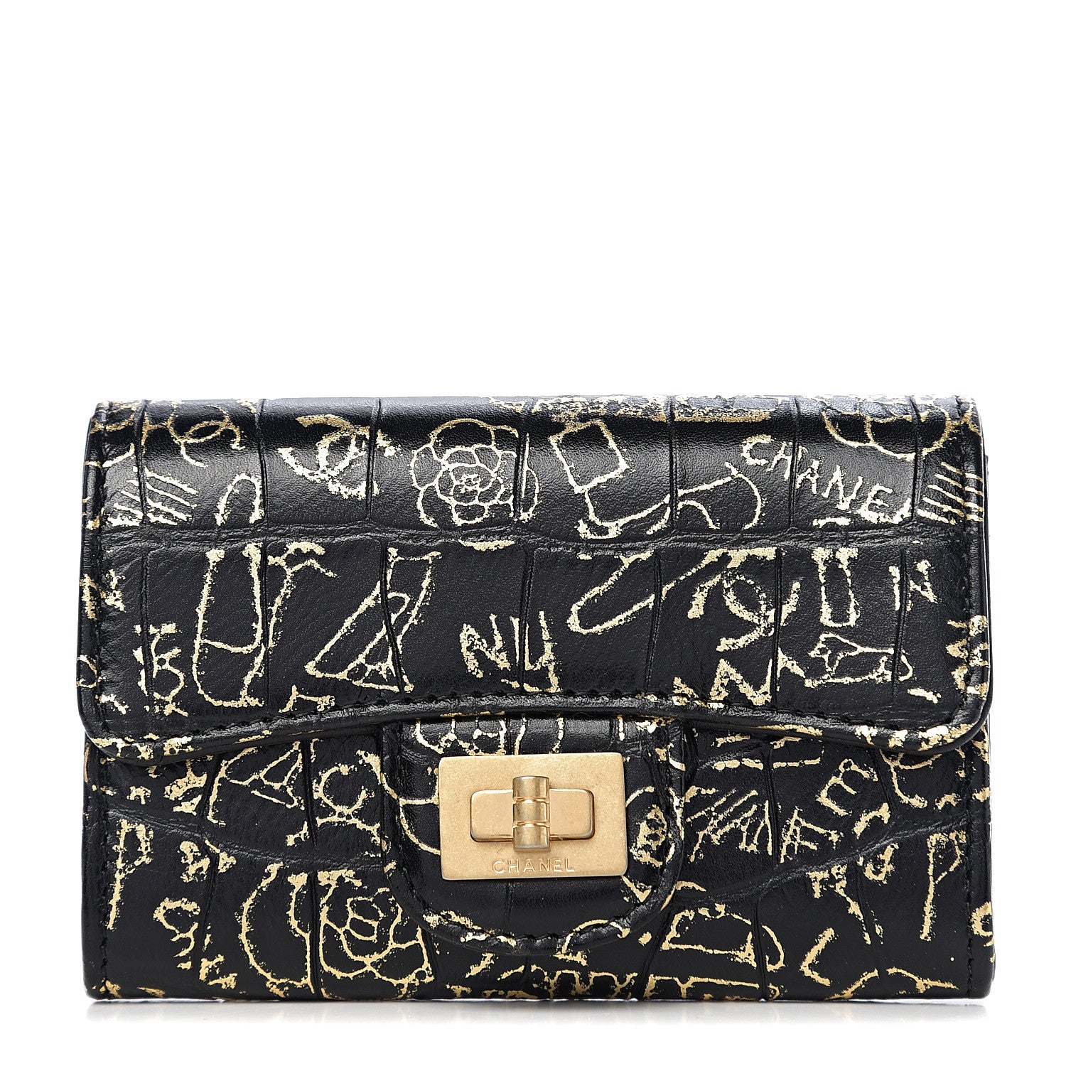 Chanel Calfskin Crocodile Embossed Graffiti Cocodile Reissue Card Holder Wallet Black Gold 1 of 8