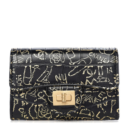 Chanel Calfskin Crocodile Embossed Graffiti Cocodile Reissue Card Holder Wallet Black Gold 1 of 8
