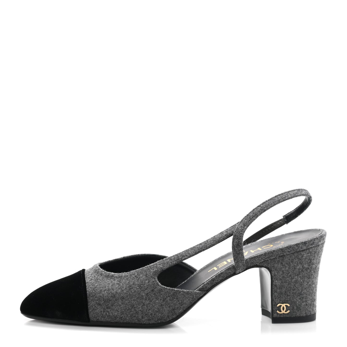 Wool Velvet Cap Toe CC Slingback Pumps 37.5 Black Grey