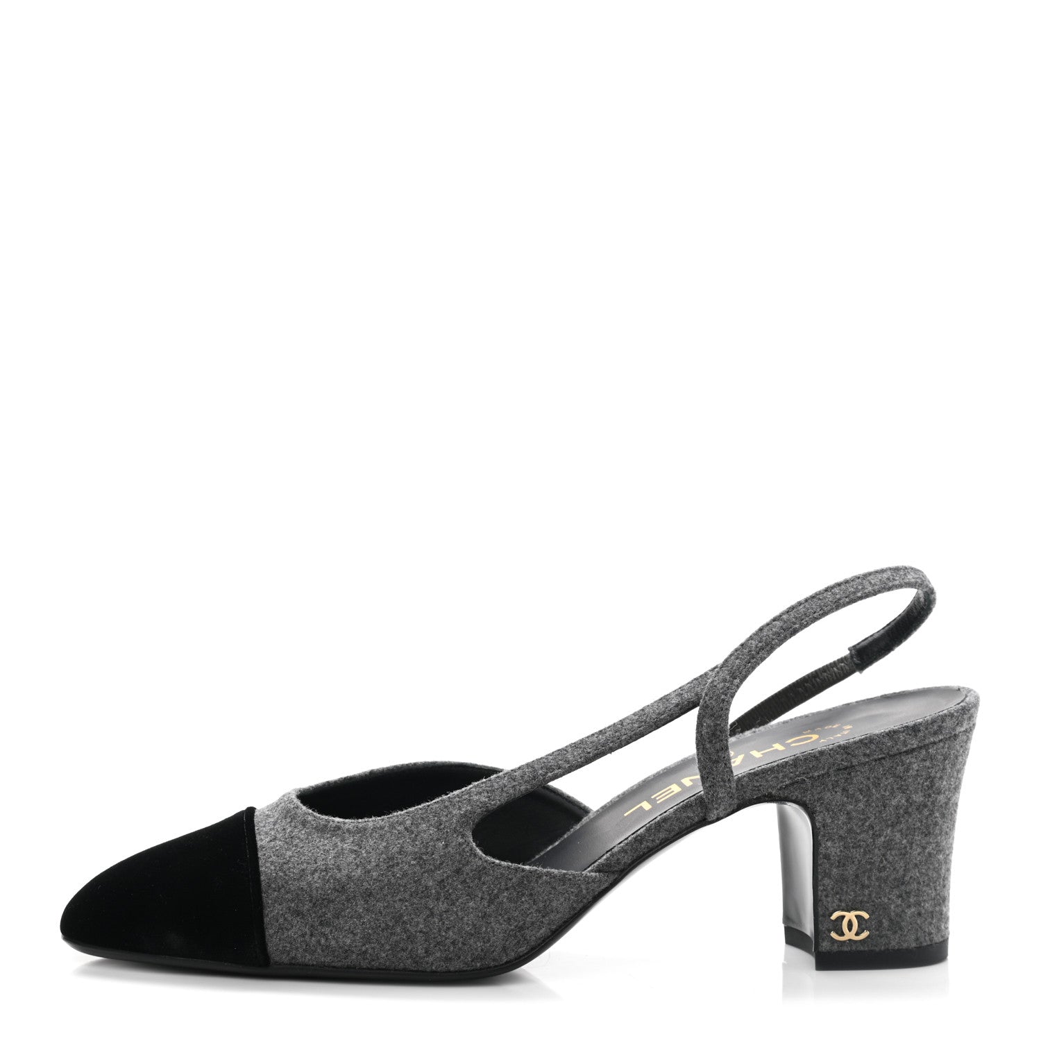 Chanel Wool Velvet Cap Toe CC Slingback Pumps 37.5 Black Grey 1 of 8