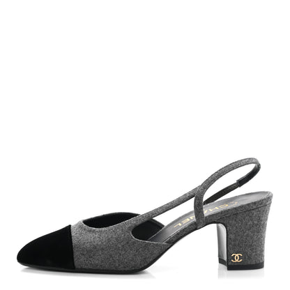 Chanel Wool Velvet Cap Toe CC Slingback Pumps 37.5 Black Grey 1 of 8