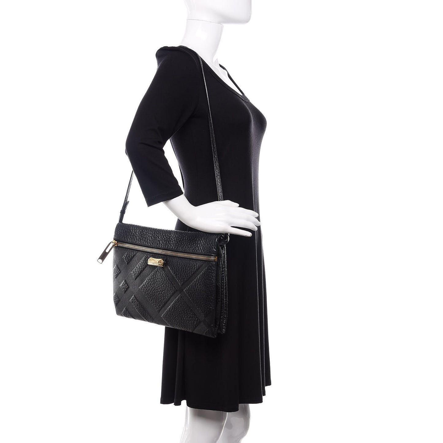Signature Grain Calfskin Check Embossed Medium Balmoral Clutch Bag Black