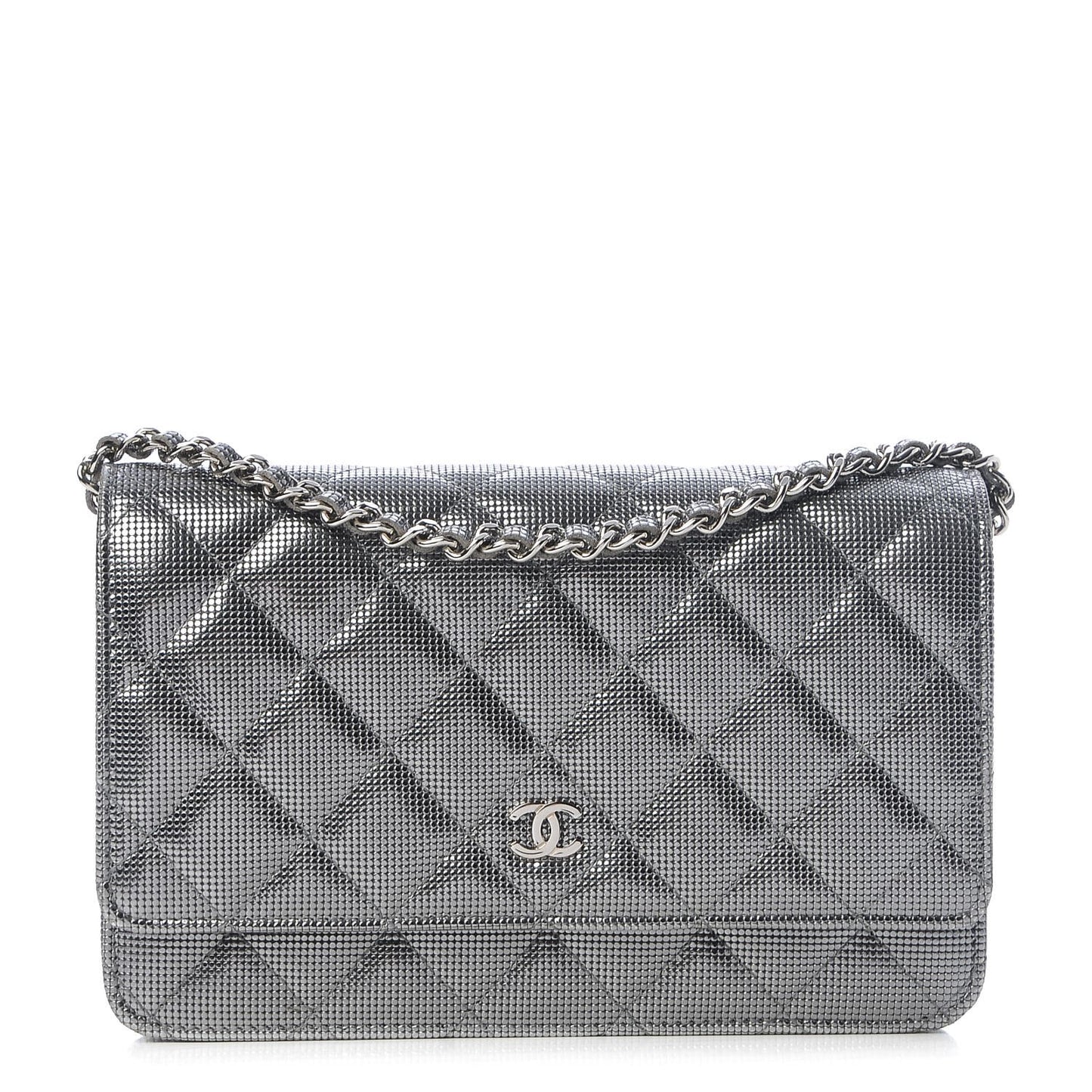 Metallic Calfskin Quilted Pixel Effect Wallet on Chain WOC Silver