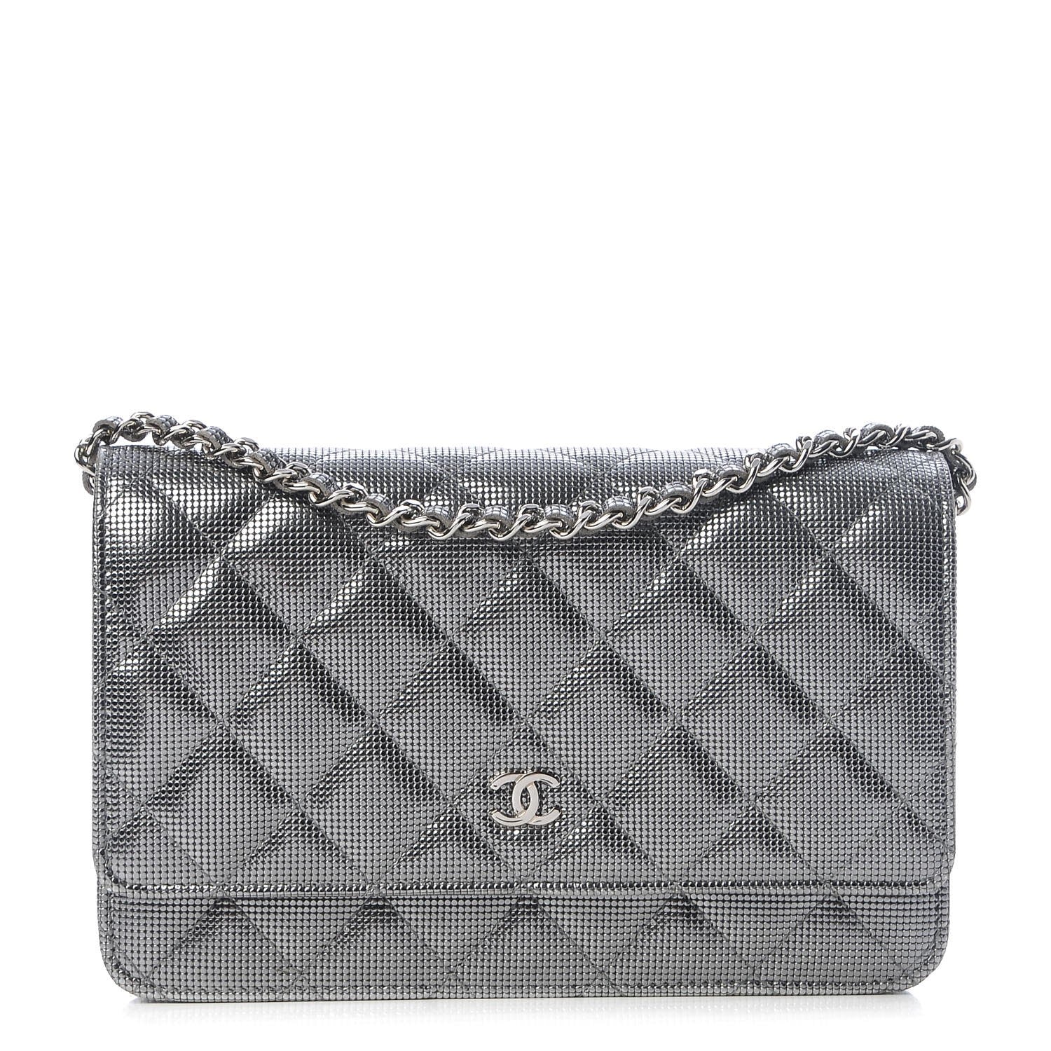 Chanel Metallic Calfskin Quilted Pixel Effect Wallet on Chain WOC Silver 1 of 9