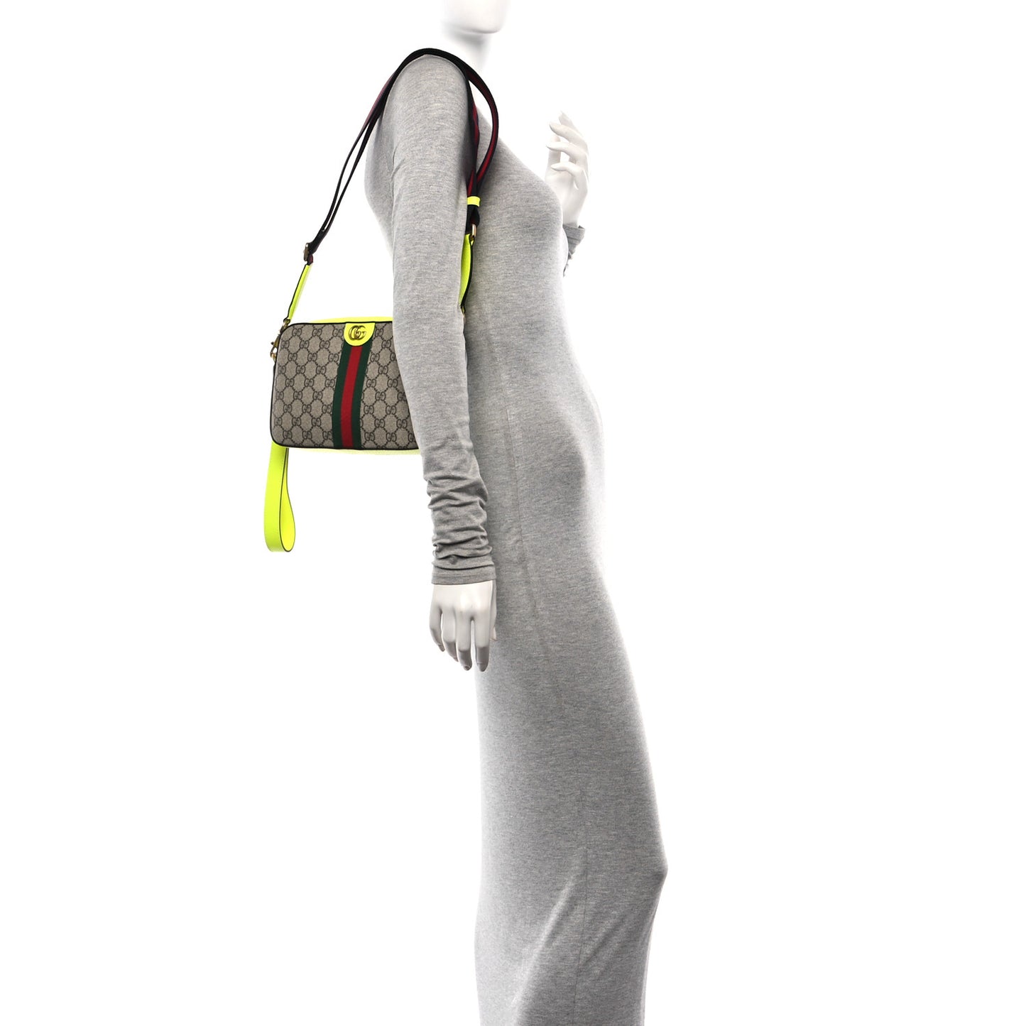 GG Supreme Monogram Textured Dollar Calfskin Web Ophidia Wristlet Shoulder Bag Beige Ebony Fluo Yellow