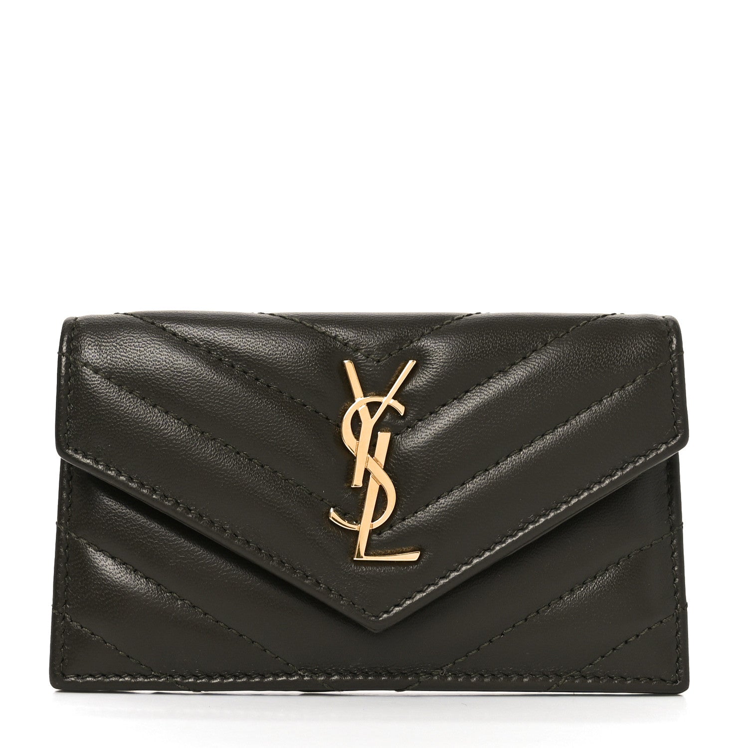 Saint Laurent Calfskin Matelasse Chevron Monogram Fragments Zippered Card Case Light Musk 1 of 8