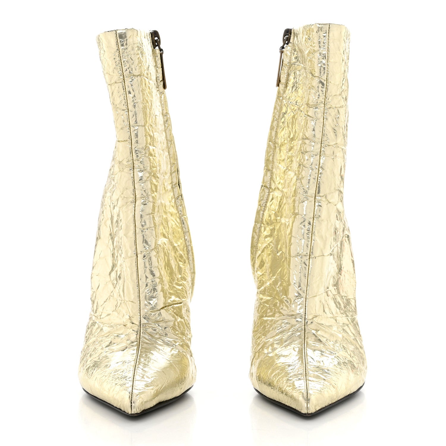 Saint Laurent Metallic Crinkled Polyurethane Calfskin Kiki Pointed Toe Ankle Boots 38 Gold 2 of 8