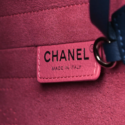 Chanel Calfskin Tweed Small Logo Eyelets Shopping Tote Navy Blue 8 of 11