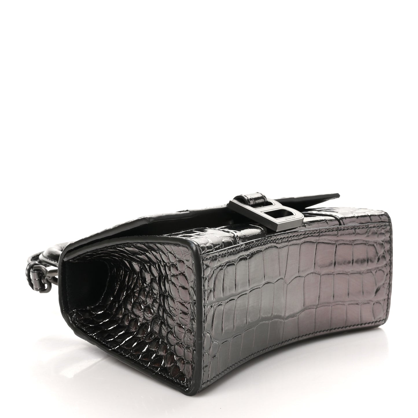 Metallic Shiny Calfskin Crocodile Embossed Hourglass Top Handle Bag XS Gunmetal