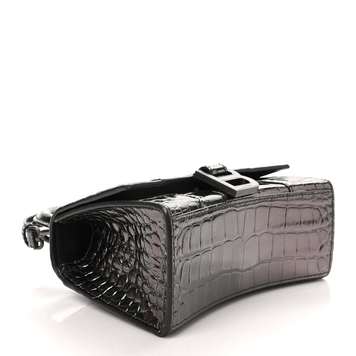 Balenciaga Metallic Shiny Calfskin Crocodile Embossed Hourglass Top Handle Bag XS Gunmetal 4 of 10