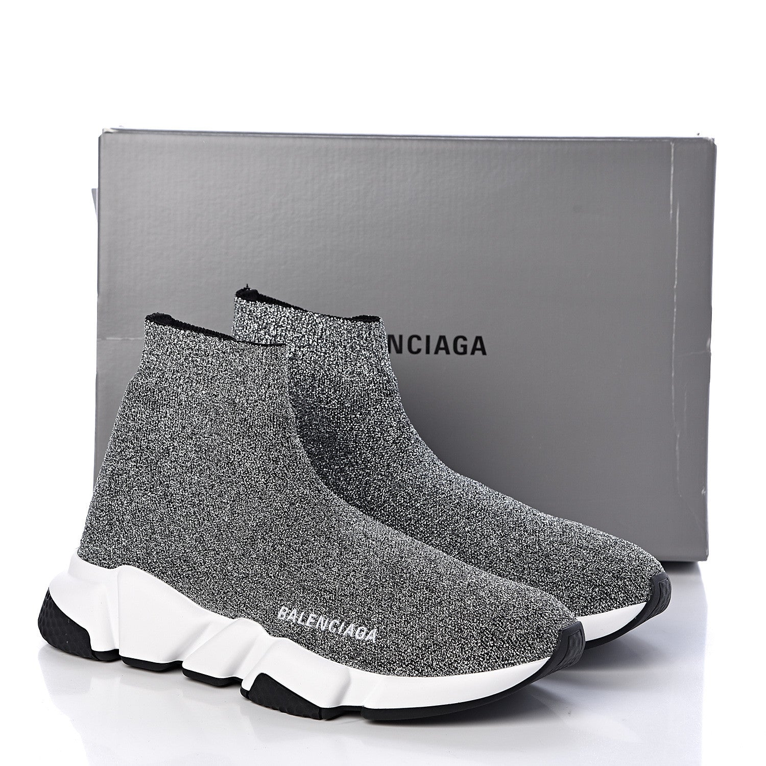 Balenciaga Laminated Knit Bi-Color Sole Womens Speed Sneakers 39 Silver White Black 7 of 7