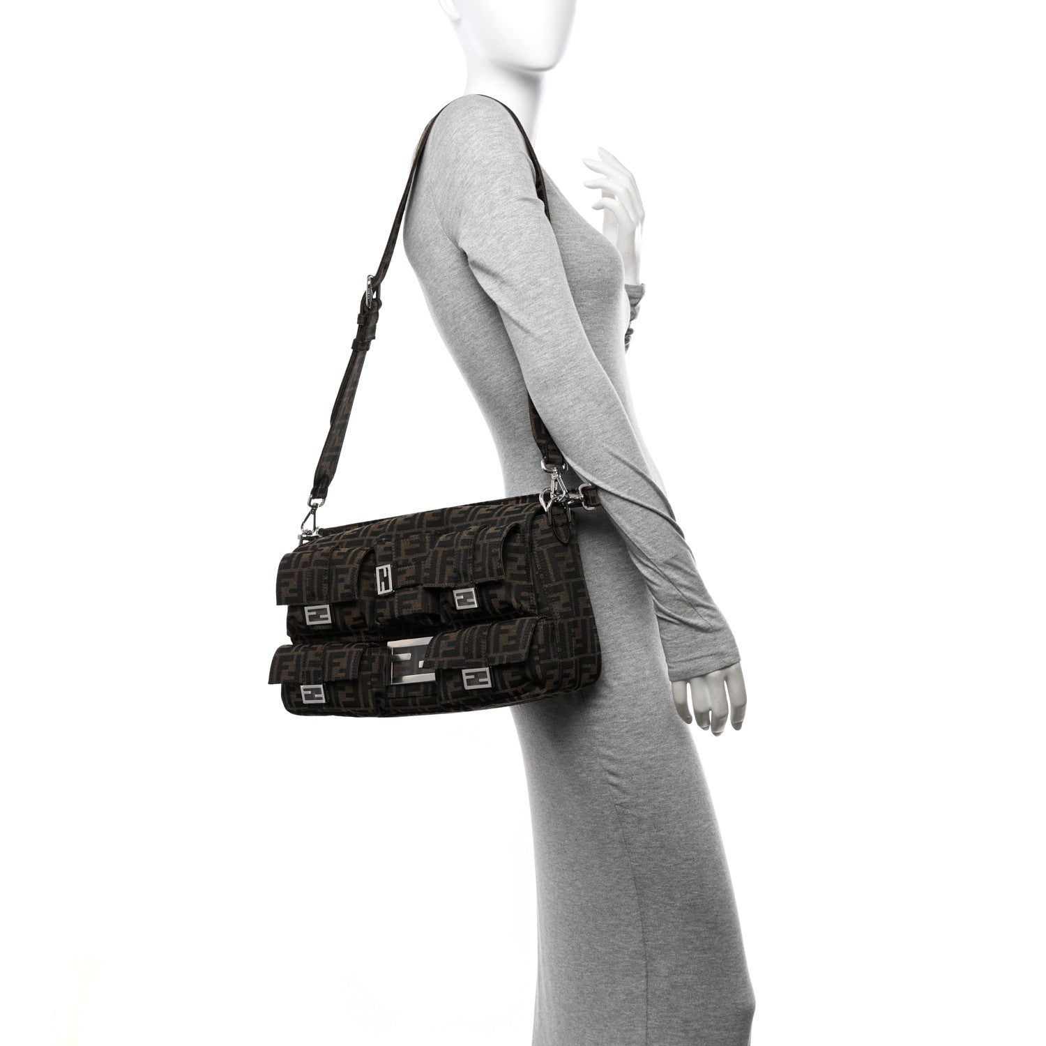 Fendi Fabric Jacquard FF 1974 Maxi Multipocket Baguette Tobacco Moro Black 2 of 11