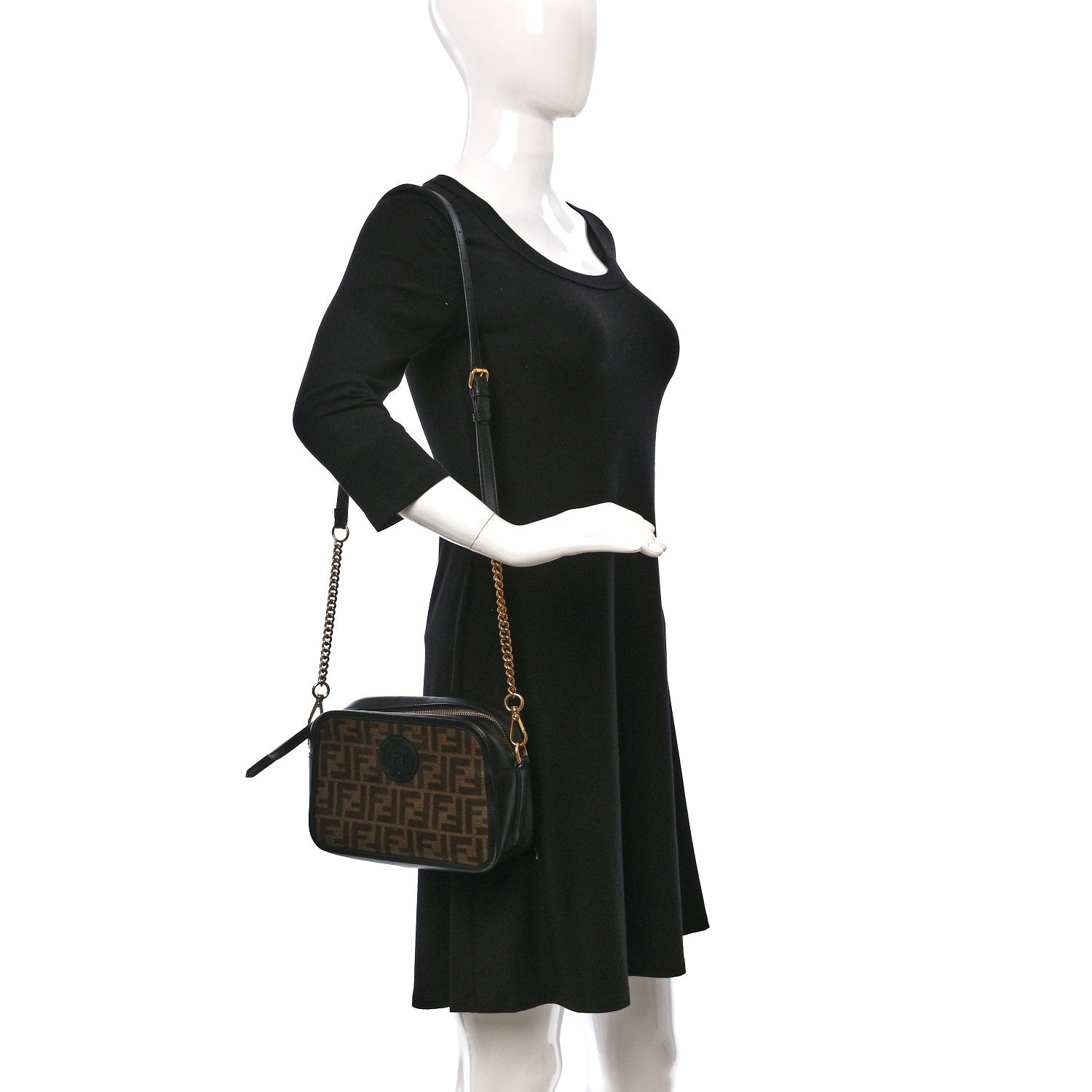 Fendi Glazed Fabric Vitello Century FF 1974 Stamp Patch Camera Case Mogano Panna Black 2 of 8