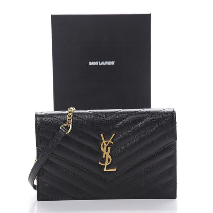 Saint Laurent Grain De Poudre Matelasse Chevron Monogram Envelope Chain Wallet Black 12 of 12