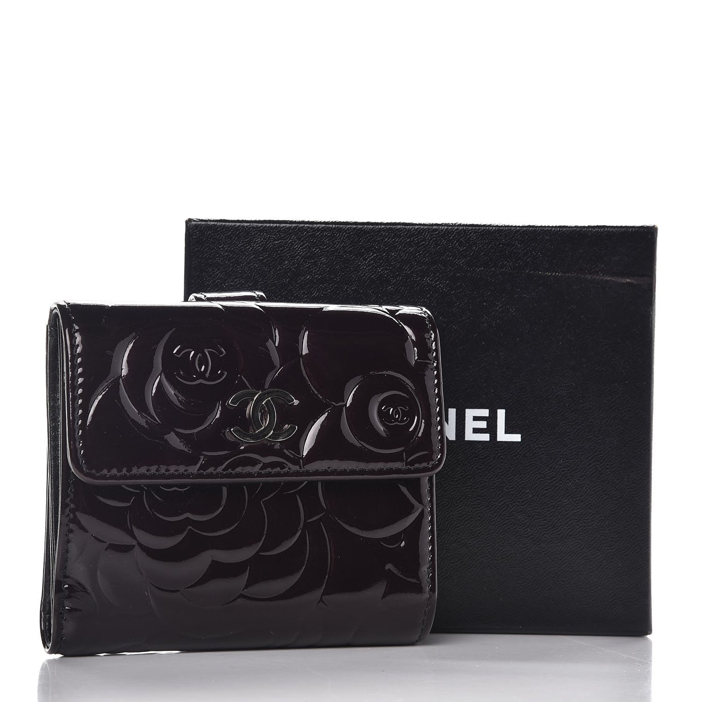 Patent Embossed Camellia French Wallet Burgundy