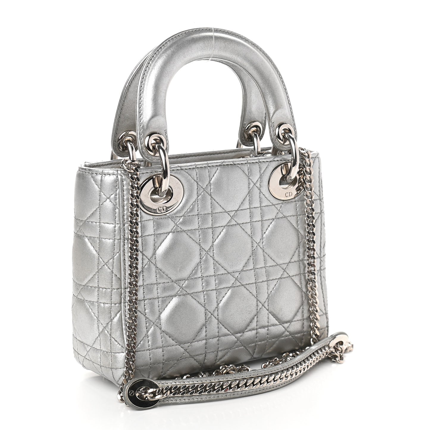 Metallic Lambskin Cannage Mini Lady Dior Grey