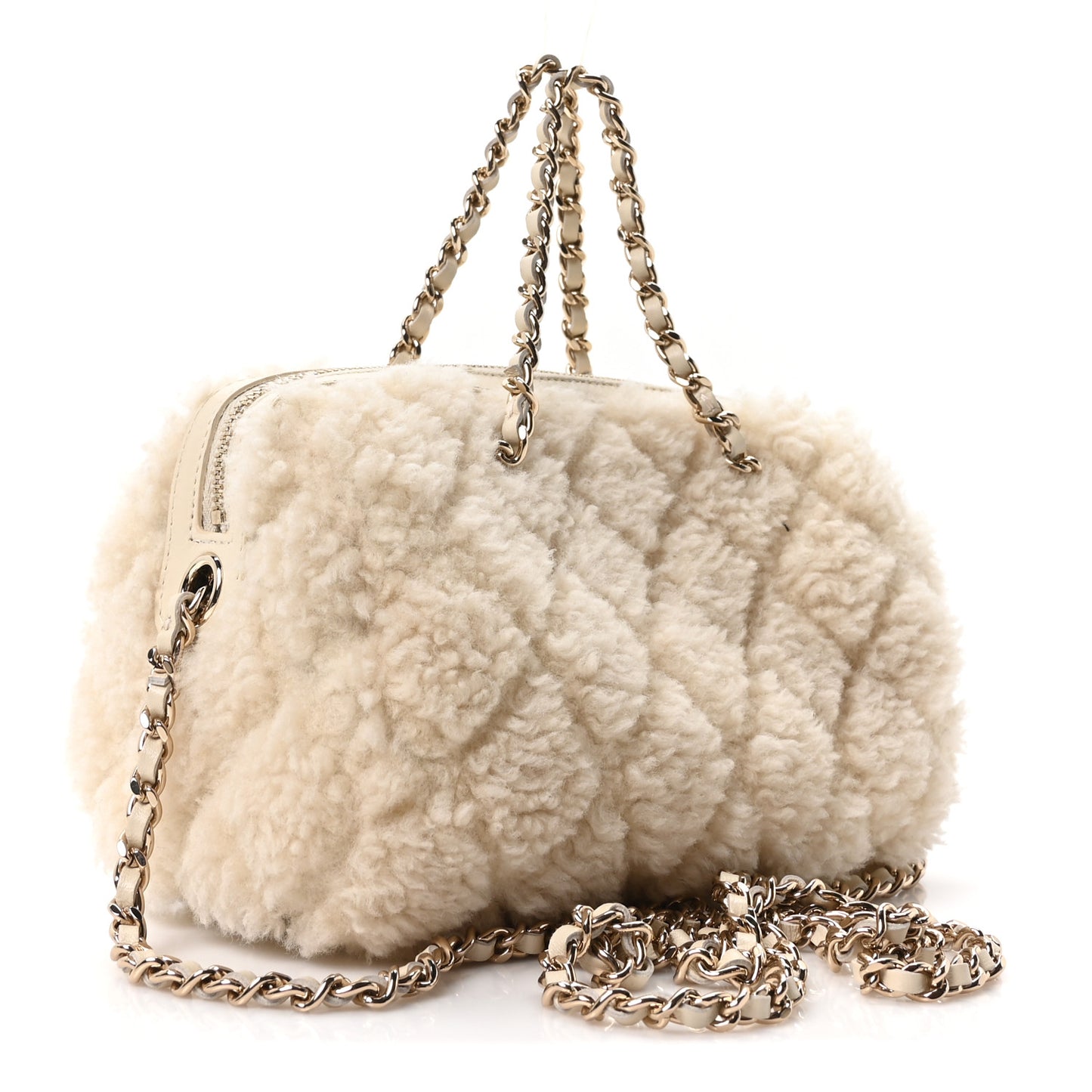 Shearling Quilted Barrel Clutch With Chain Beige