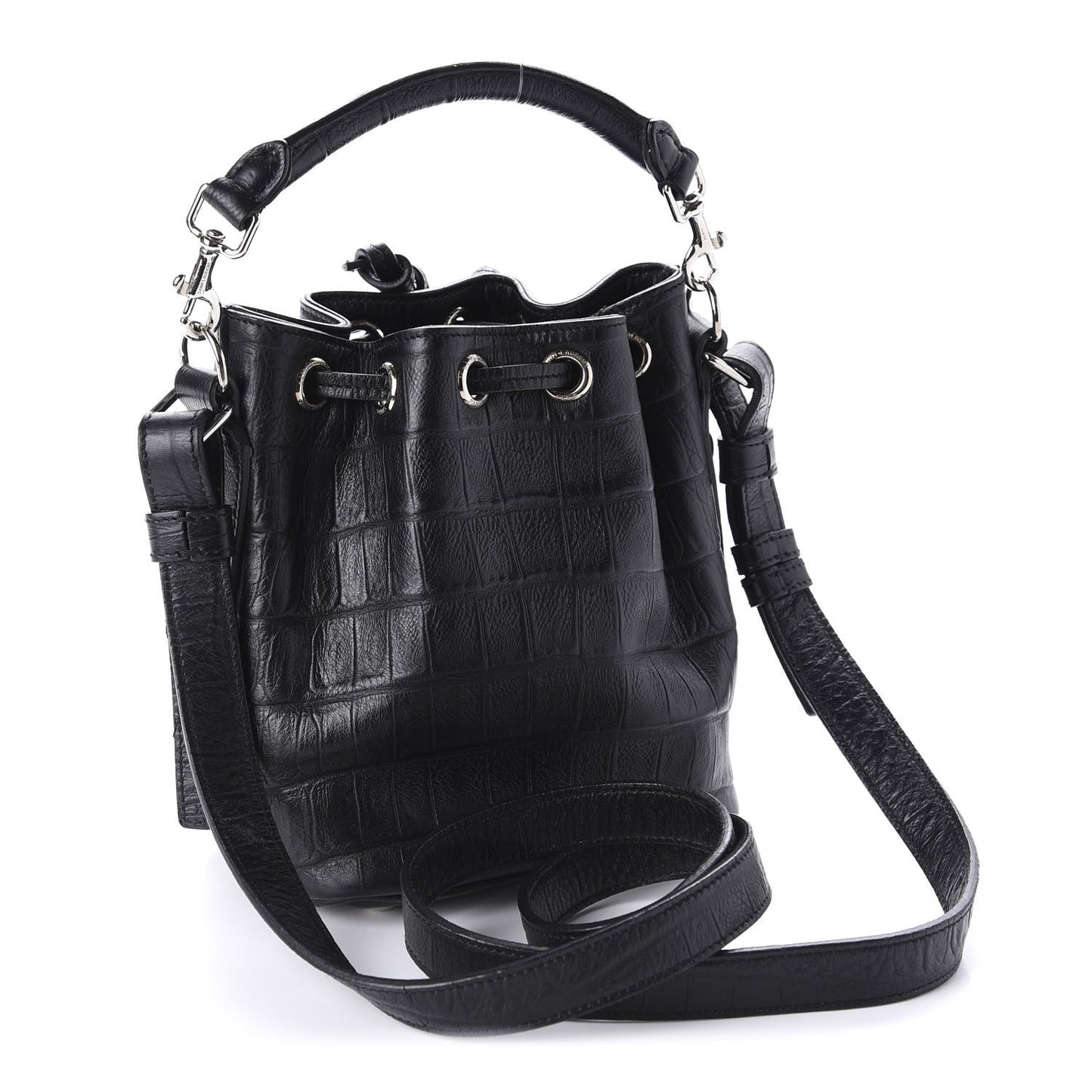Calfskin Crocodile Embossed Small Emmanuelle Bucket Bag Black