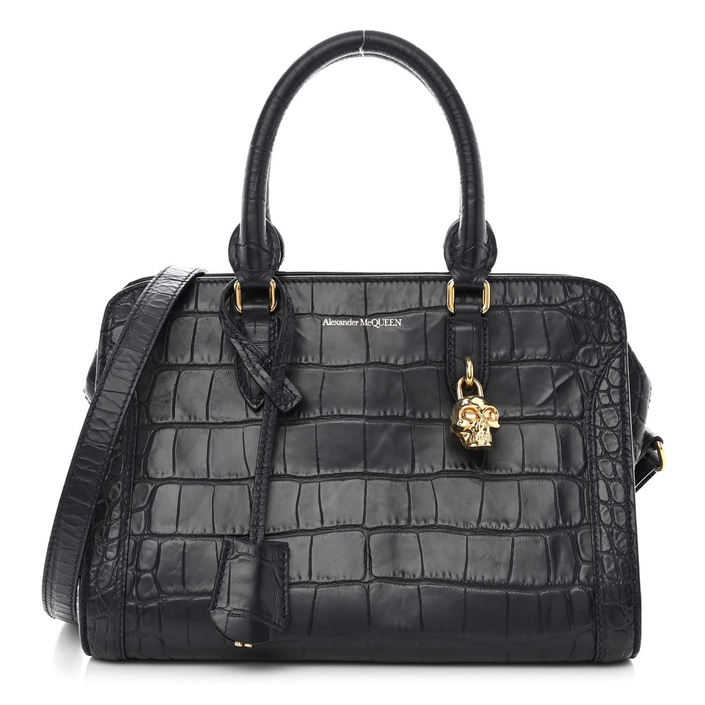 Calfskin Crocodile Embossed Small Skull Padlock Zip Around Tote Navy Blue