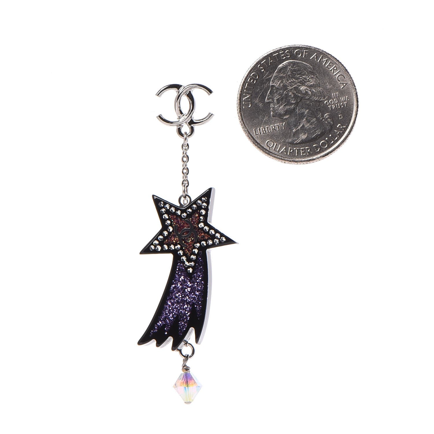 Chanel Resin Crystal CC Shooting Star Dangle Earrings Silver Purple 2 of 4