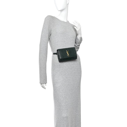 Saint Laurent Calfskin Crocodile Embossed Monogram Kate Belt Bag  Dark Mint 2 of 9