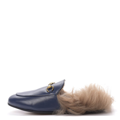 Gucci Malaga Kid Fur Womens Princetown Slippers 37.5 Blue Agata 1 of 8