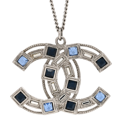Chanel Crystal Baguette CC Pendant Necklace Silver Blue 5 of 5