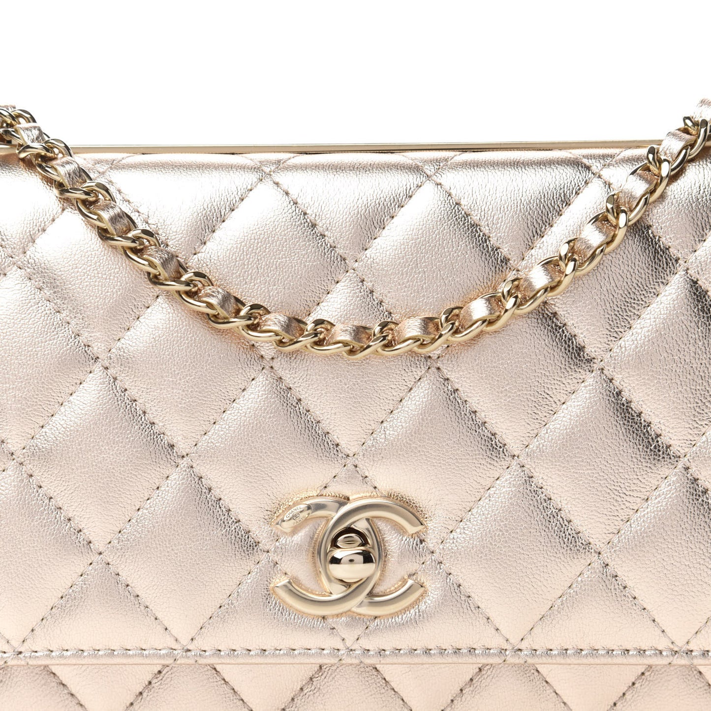 Metallic Lambskin Quilted Trendy CC Wallet On Chain WOC Gold