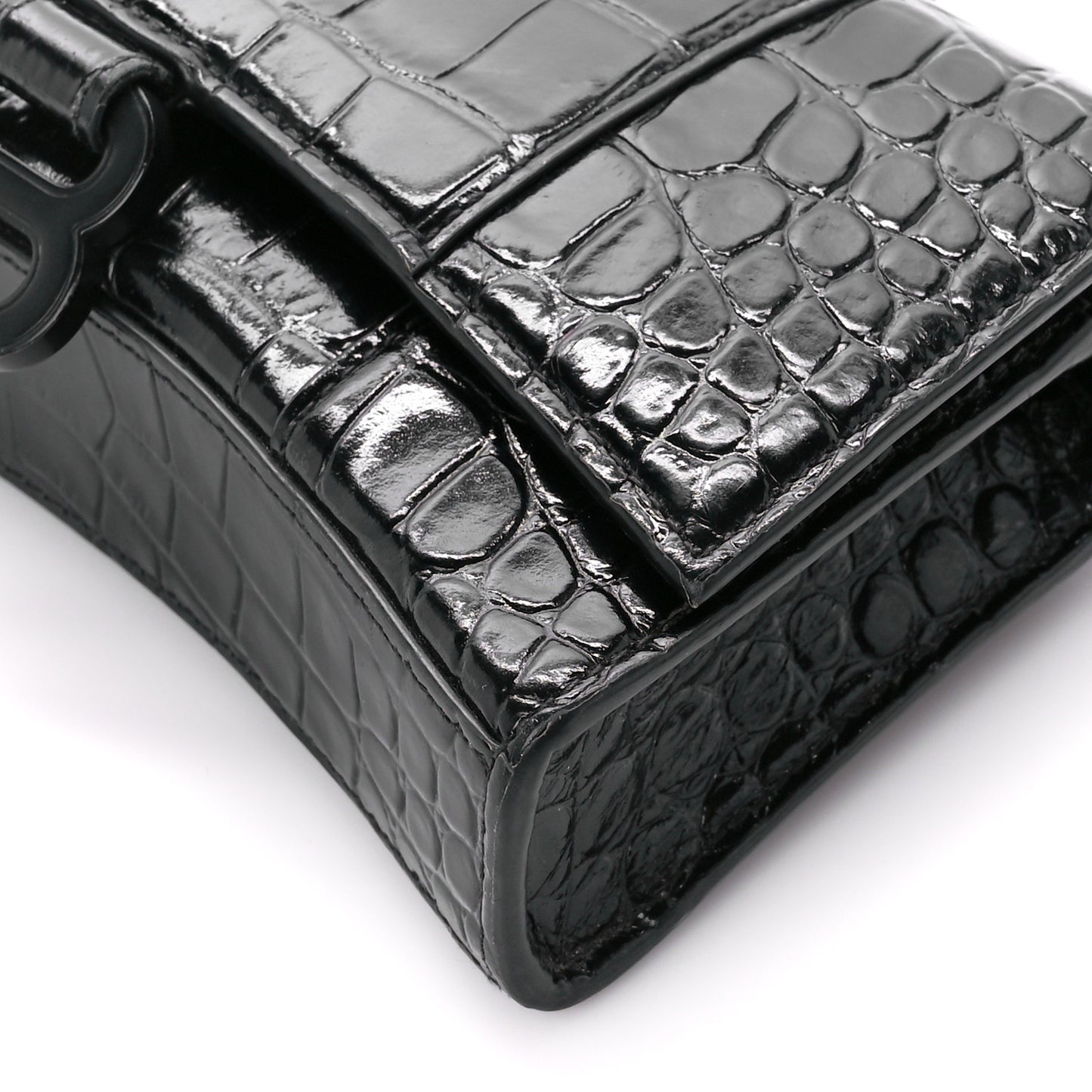Shiny Calfskin Monochrome Crocodile Embossed Hourglass Chain Bag Black