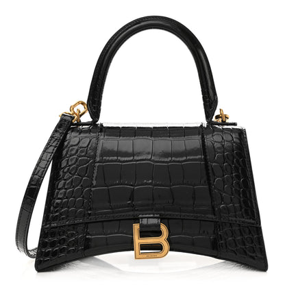 Balenciaga Shiny Calfskin Crocodile Embossed Small Hourglass Top Handle Bag Black 1 of 10