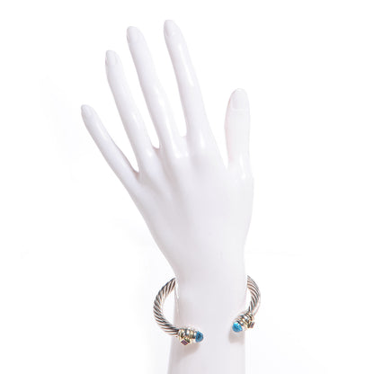 David Yurman Sterling Silver 14K Yellow Gold 7mm Blue Topaz Pink Tourmaline Renaissance Cable Bracelet 2 of 9