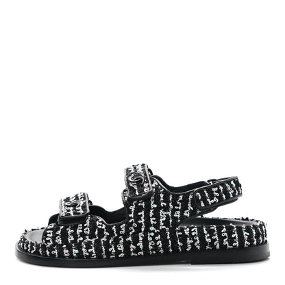 Chanel Tweed Velcro Dad Sandals 36.5 Black White 1 of 9