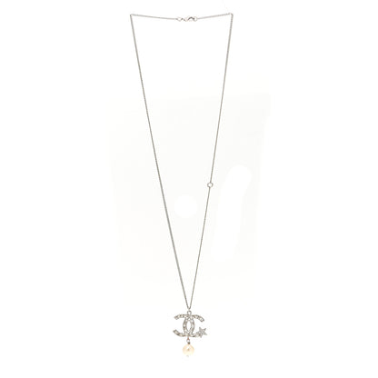 Chanel Crystal CC Star Pearl Drop Necklace Silver 3 of 5