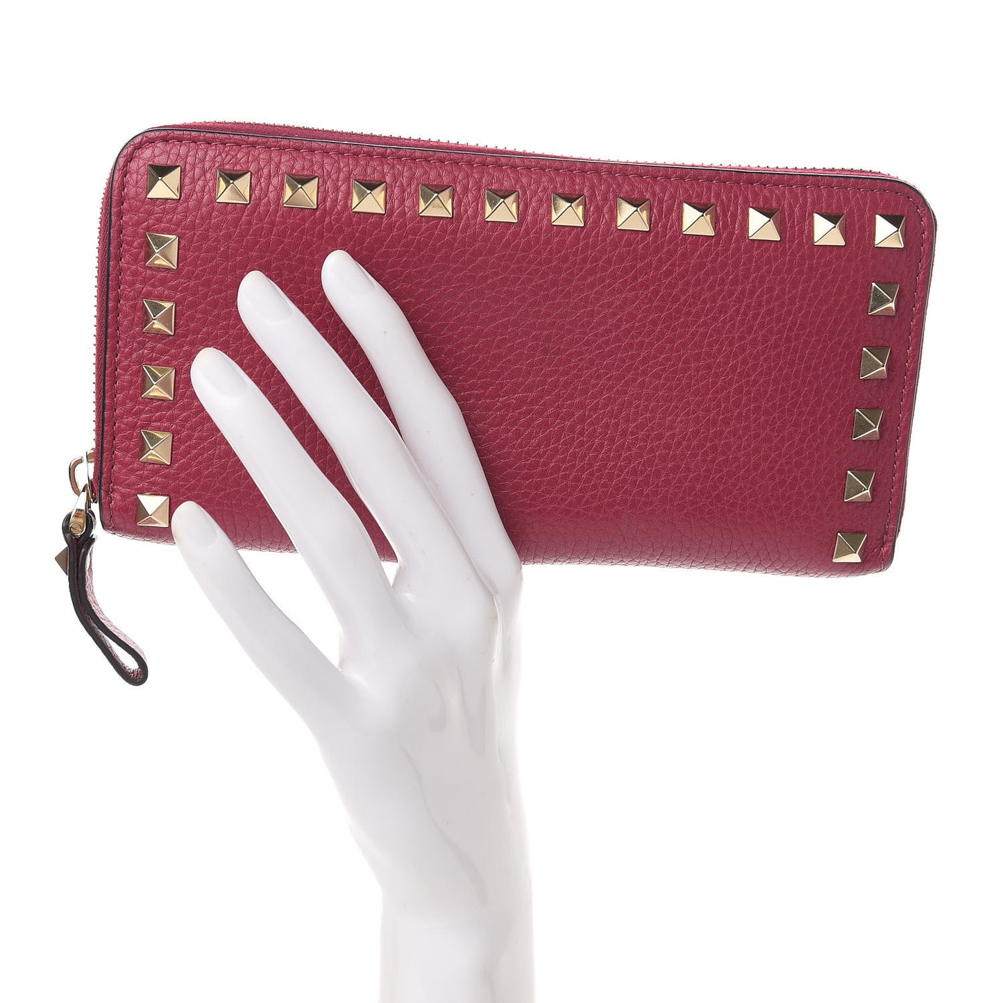 Pebbled Calfskin Rockstud Zip Around Wallet Raspberry