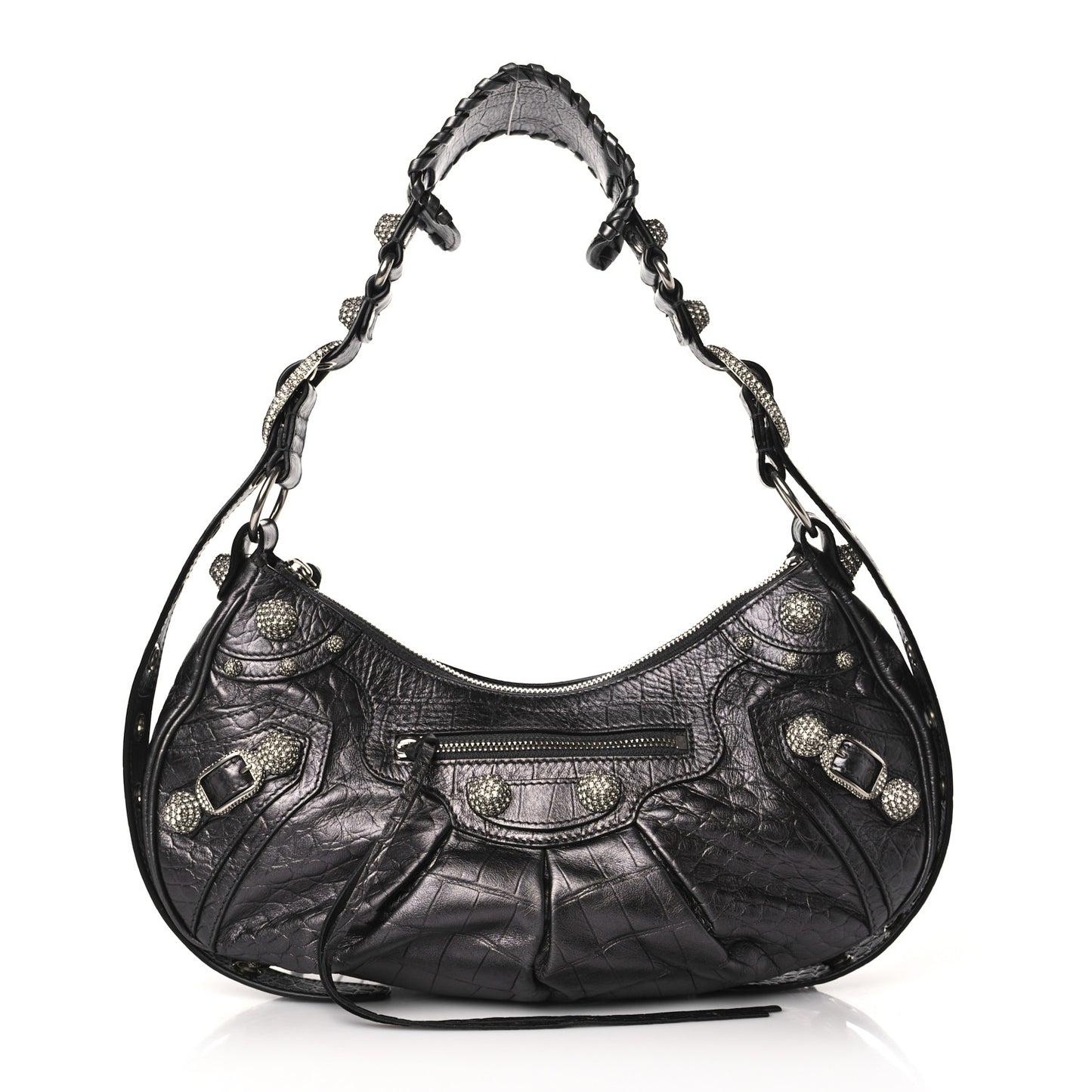 Metallic Calfskin Crocodile Embossed Crystal Small Le Cagole Shoulder Bag Gunmetal
